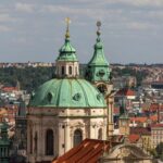 Beautiful aerial shot of St. Nicholas Church with cityscape in Prague, Czech Republic.