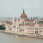 Aerial view of the iconic Hungarian Parliament Building along the Danube River in Budapest, Hungary.